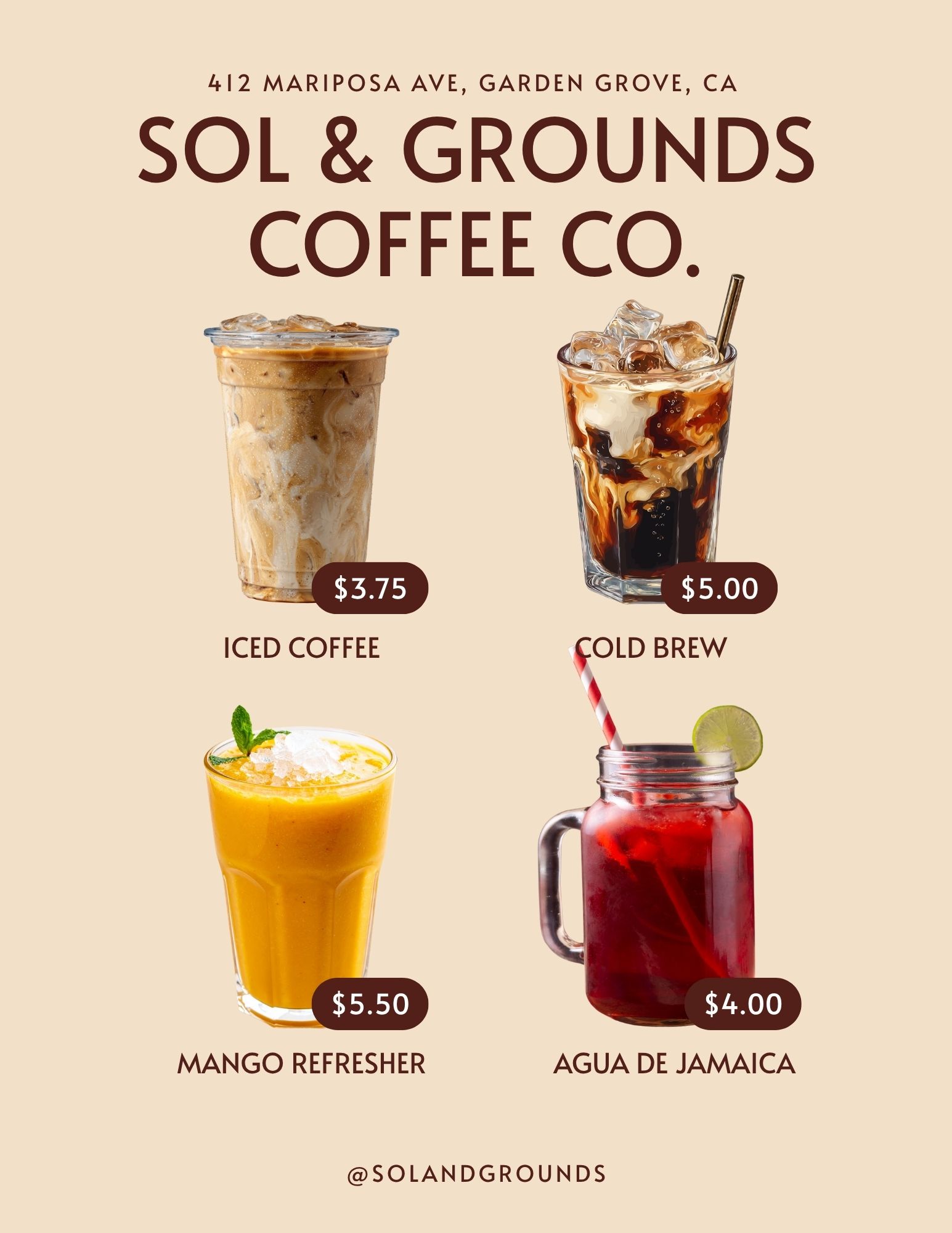 Sol & Grounds Coffee Co. — Menu Flyer